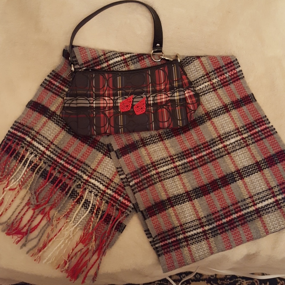 Coach Plaid Handbag, Unbranded Scarf & Red earring